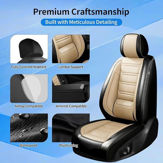 Fit Colorado Car Seat Covers for Select Chevy/Chevrolet Colorado 2015-2026, Premium Full Coverage Leather, Waterproof All Weather Breathable Seat Cushion Protector, Front Pair Black+Beige