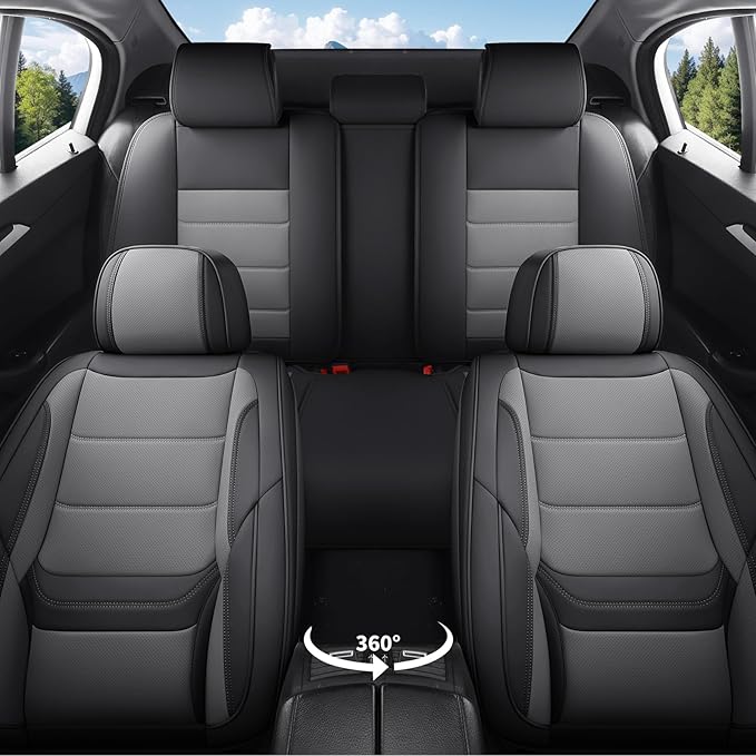 Car Seat Covers Full Set Custom Fit for Chevrolet/Chevy Malibu 2000-2025 2026 - Premium Faux Leather with Lumbar Support, Breathable, Waterproof, Anti-Slip, Easy to Install (Black&Gray, Full Set)