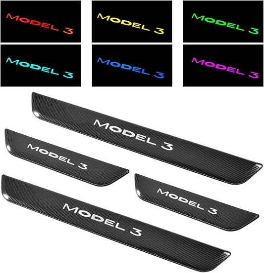 LED Door Sill Lights for Tesla Model 3 2017-2025 Accessories, ABS Scratch-Resistant Sill Protector with 7-Color RGB Lighting, Battery Powered Model 3 Pedal Mood Lamp, Carbon Fiber, 4PCS