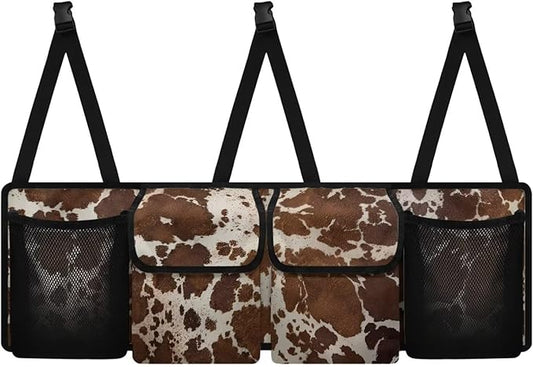 Brown Cow Print Car Trunk Organizer with 4 Storage Bags Hanging Waterproof Car Back Seat Organizer for SUV,Truck,Van Collapsible Cargo Bag
