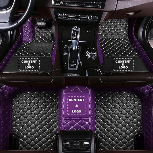 Custom Making Car Floor Mats for 98% Sedan SUV Sports Car Full Coverage Cute Pads Protection Non-Slip Leather Floor Liners (Black+Purple Side)