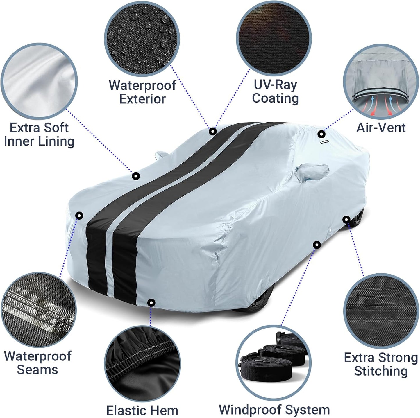 iCarCover Custom Car Cover for Chevy Lumina Sedan (1990-2001) Waterproof All Weather Rain Snow UV Sun Protector Full Exterior Indoor Outdoor Car Cover (Stripe - Gray/Black)