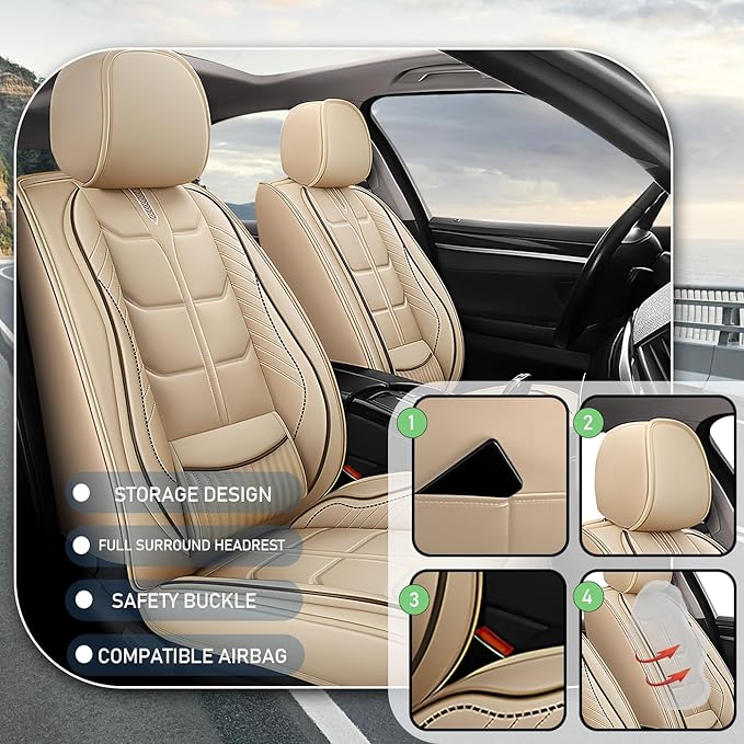 Leather Car Seat Covers Fit for Toyota Matrix 2003-2013, 5 Seater Car Seat Cover, Premium Waterproof, Scratch Resistant Car Interior Accessories (Full Set Beige)