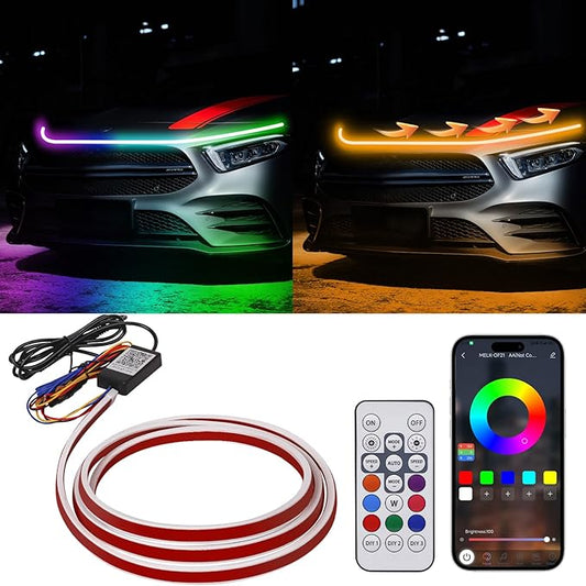 79 Inches RGB Multicolor Dynamic Scanning Starter Hood Lights, Car LED Hood Light Strip, Exterior Flexible Headlight Waterproof Daytime Running Lamps Strips (1 Set)