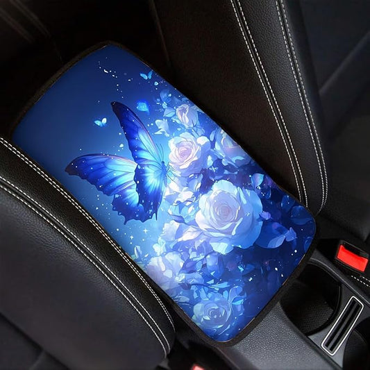 Blue Flower Butterfly Universal Center Console Armrest Soft Pad Protector Cover Non Slip Fits for Most Vehicle,SUV,Truck Car Christmas Decoration