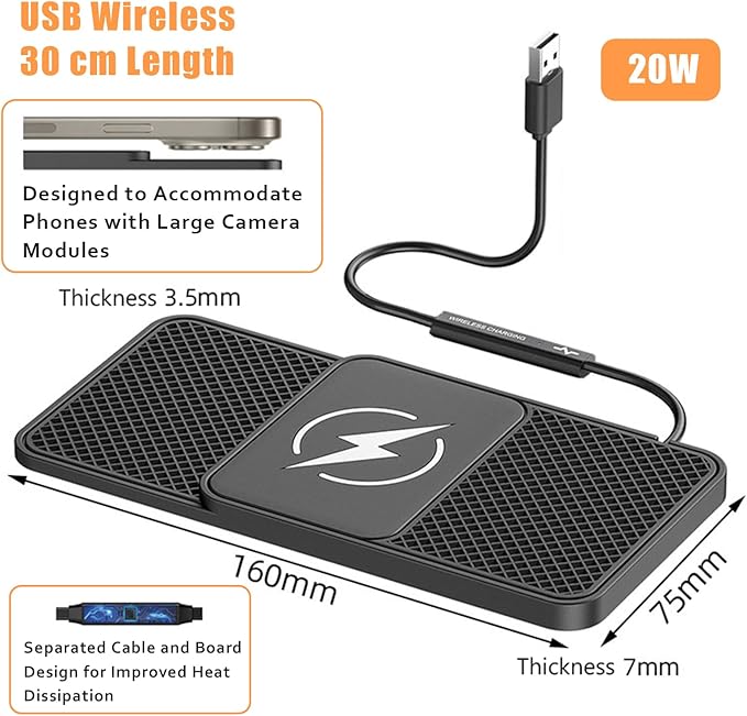 Wireless Car Phone Charger for Land Rover Range Rover Velar Range Rover P400, Type C/USB 20W Fast Charging Pad, Non-Slip Charging Station for Travel Home Office Desk, Lightweight, USB