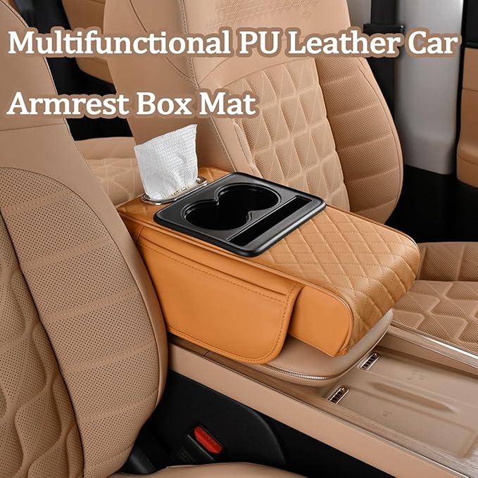 Multifunctional Pu Leather Car Armrest Box Mat, 5-In-1Multifunctional Car Armrest Cushion, Car Arm Rest Cover Pad, Center Console Organizer with Cup Holder, Tissue Box & Phone Slot (Burgundy)
