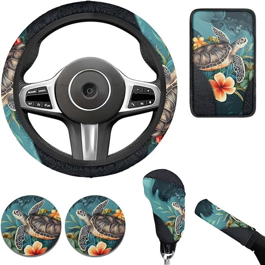 Blue Sea Turtle 6pcs Car Steering Wheel Cover Set for Men Women Auto Interior Accessories Cup Holder Armrest Pad Seatbelt Cushion Fit for SUV Truck Vans
