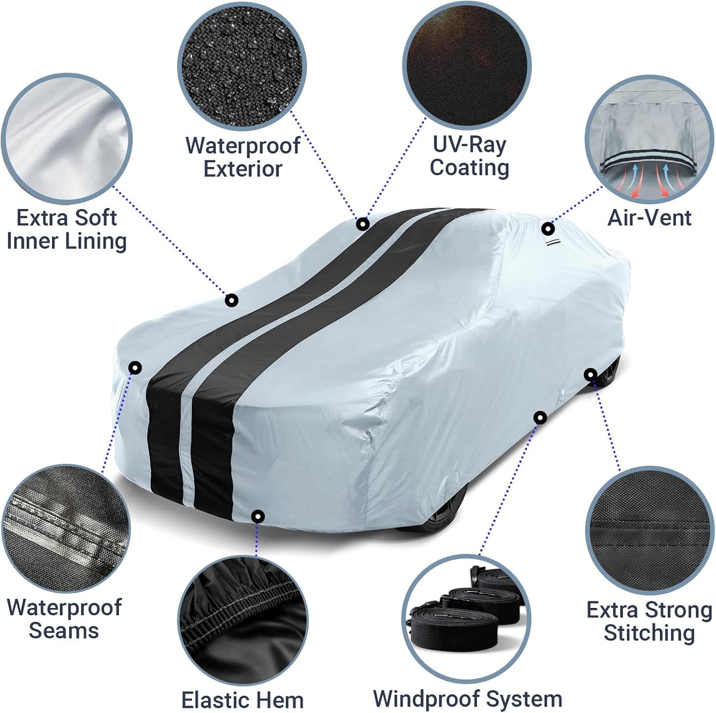 iCarCover Custom Car Cover for Chevy Monte Carlo (1973-1977) Waterproof All Weather Rain Snow UV Sun Protector Full Exterior Indoor Outdoor Car Cover (Stripe - Gray/Black)