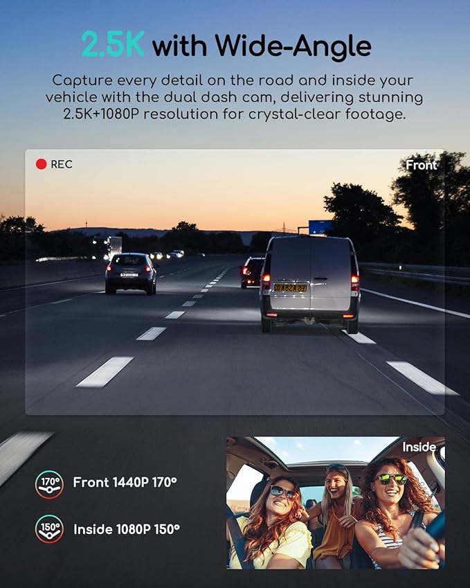 COOAU Dual Dash Cam 2.5K+1080P, Dash Cam Front and Inside, Built-in GPS and WI-FI, Dash Camera for Cars, Perfect for Uber and Taxi Drivers, Night Vision, Accident Record, 24Hr Parking Mode