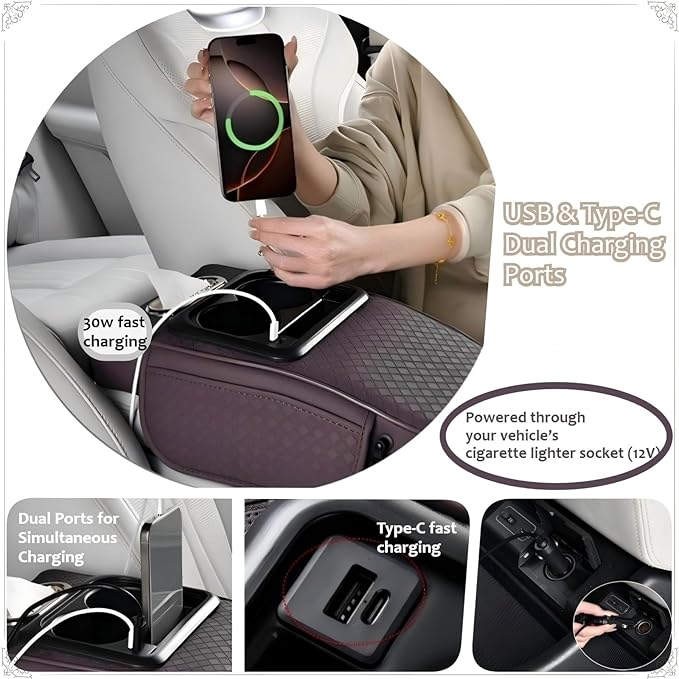 2026 Upgraded Car Center Console Cushion with 30w USB& Type-C Charging Ports, Leather Car Armrest Pad Cover, Interior Accessories for Most Vehicles (Ergonomic Sloped Version, Black-Red line)