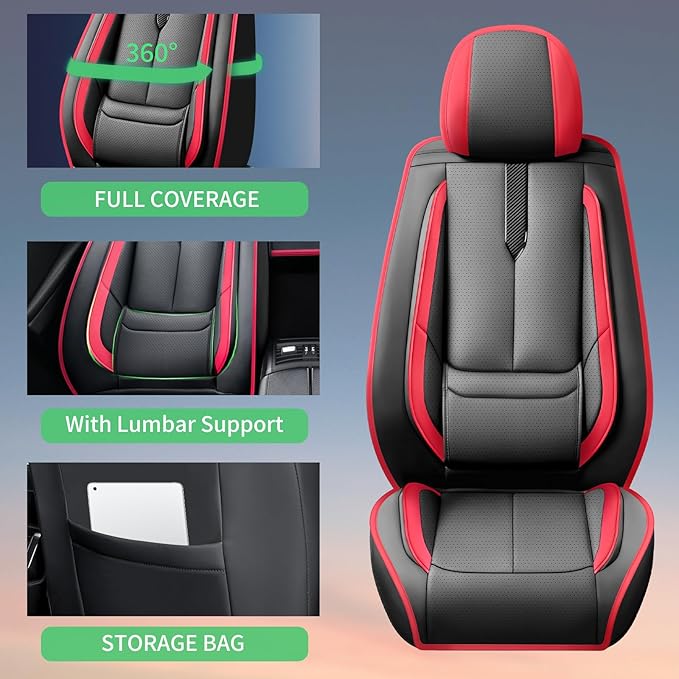 Fit Corolla Car Seat Covers for Toyota Corolla 2000-2024 2025 2026 -Upgraded Premium Waterproof & Breathable Leather,Airbag Compatible,All-Weather Seat Cushion Protector,Full Set,Black-Red