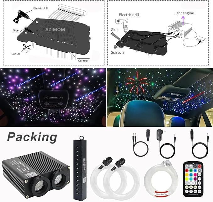 AZIMOM Dual Color 32W Fiber Optic Starlight Headliner Kits1300pcs 0.03in 13.1ft, RGB Meteor Shooting Star, Sound Activated Remote APP Control Home Car Ceiling Décor