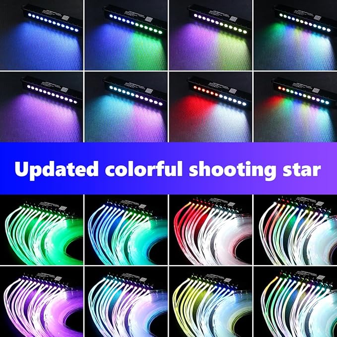AMKI Dual Color 20W Twinkle Starlight Headliner Kit 600pcs*0.03in*9.8ft Cables+ RGB Meteor Shooting Star Fiber Optic Light Sound Activated APP/Remote Control for Car Roof Home Ceiling