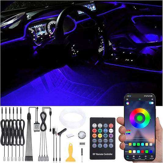 Car Ambient Lighting 64 Colors Multicoloured Music Optic Fiber Controller + APP Control Car DIY Decorative Atmosphere Lighting Kit DC 12V 1W 8m