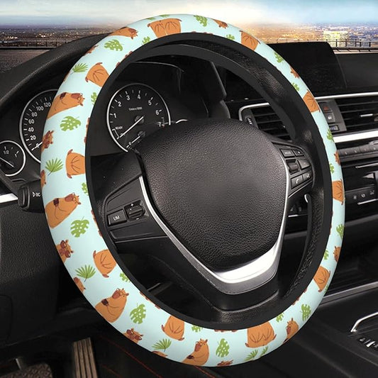Capybaras and Leaves Steering Wheel Cover for Women Elastic Rubber Steering Wheel Universal 15 Inch Fit for Cars, Auto, SUVs