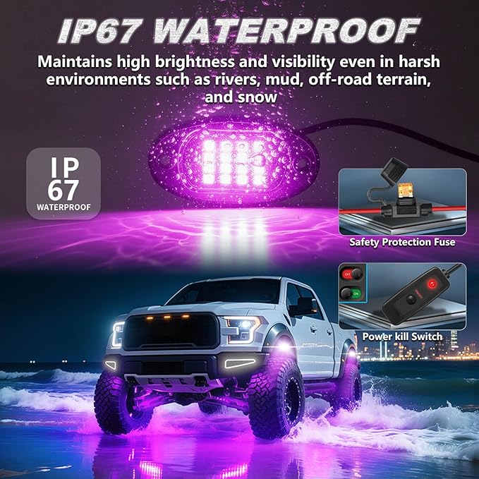4Pods Segmented RGB LED Rock Lights Kit for ATV UTV 4 Wheeler Can-Am SXS RZR Side By Side Offroad Golf Cart with APP/RF Remote, Multicolor Underglow Accent Light Waterproof Vehicle Music 12V Underbody
