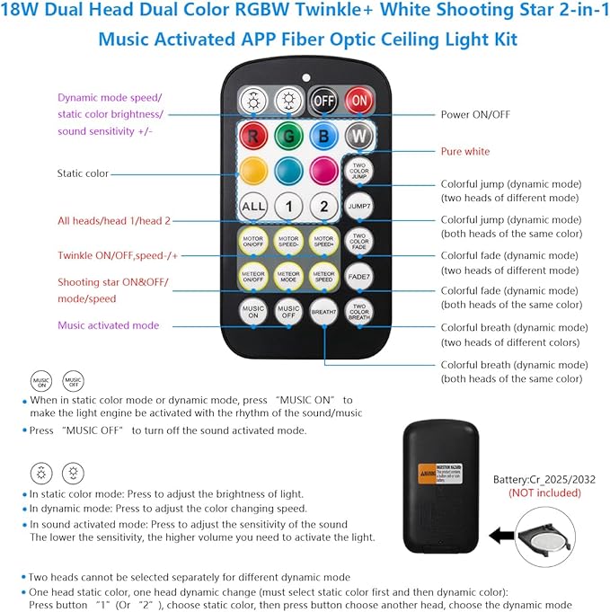 AKEPO Dual Color Twinkle+Shooting Star All-in-one Fiber Optic Lights, 1200pcs+240pcs Meteor Fibers in 0.03in 9.8ft 18W APP/Remote Control Car Home RGBW Sound Activated Starlight Headliners Kit