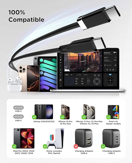 Magtame USB C to USB C Cable 2 Pack [3.3/5FT], StayCable with Magnetic Metal Plate Holder, 60W Fast Charging Type-C Charger Cord, Cable Management for iPhone 17/16/15, Laptop, Car, Original Design