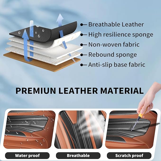 Fit Frontier Car Seat Covers Compatible with Nissan Frontier 2010-2025 2026 - Full Set Premium Leather， Waterproof Breathable， All-Weather Seat Cushion Protecto&Airbag Compatible（Brown & Black