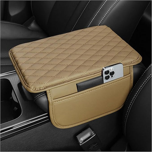 Upgraded Car Center Console Cover,Microfiber Leather Car Armrest Cover Cushion with 2 Storage Bags,Universal Cars Armrest Storage Box Cars Interior Accessories for Most Vehicles (Beige)