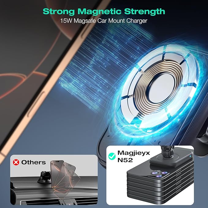 MAGJIEYX for MagSafe Car Mount Charger, (38W Fast Charging Adapter Max) Magnetic Wireless Charging Phone Holder Fits iPhone 16/15/14/13/12 Pro Max Plus/MagSafe Case on Dash/Windshield/Air Vent/Desk