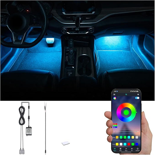 RGB Car Footwell Ambient Lighting Kit 16.7 Millions Colors Sound Active Music Sync APP Control DC Line Car Interior Multicolored Footwell Atmosphere Light