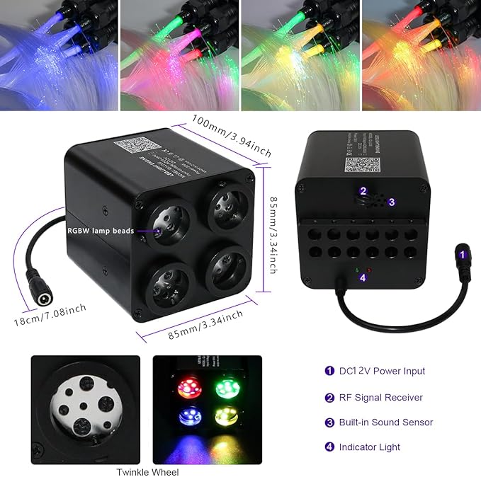 AZIMOM 4Colors 2 in 1 Meteor Twinkle Fiber Optic Starlight Headliner Kits 1200pcs 0.03in 13.1ft Fiber Strands,RGB Meteor Shooting Star 240pcs, Sound Remote APP Control Home Ceiling Car Headliner Decor