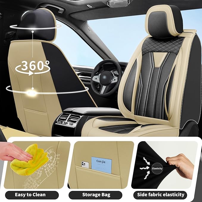Fit Murano Car Seat Covers Compatible with Nissan Murano 2004-2025 2026 - Full Set Premium Leather， Waterproof Breathable， All-Weather Seat Cushion Protecto&Airbag Compatible （Beige & Black