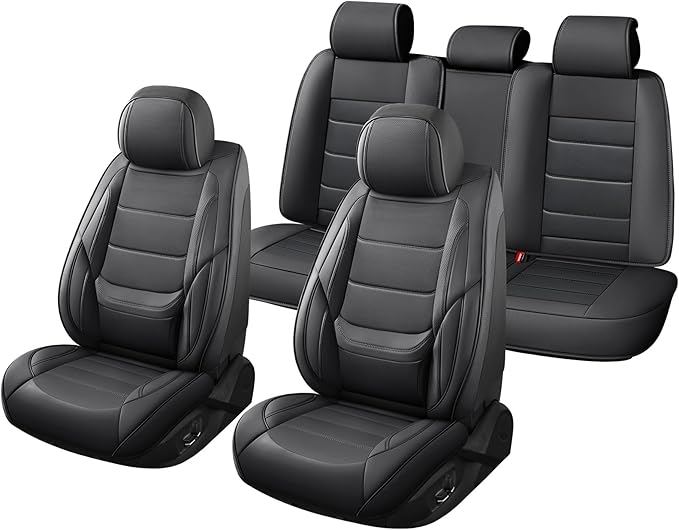 Car Seat Covers Full Set Custom Fit for Ford Focus 2000-2018 - Premium Faux Leather with Lumbar Support, Breathable, Anti-Slip & Full Wrapping Edge (Black,Full Set)