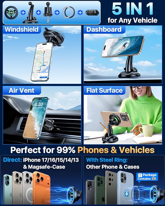 YRU [Truely Upgrade & Patent] Car Phone Holder for Magsafe [98+LBS Strongest Suction & Enhanced Magnetic] Dashboard Car Mount Windshield Vent Phone Stand for iPhone 17/16/15/14/13/12 Pro Max, Black