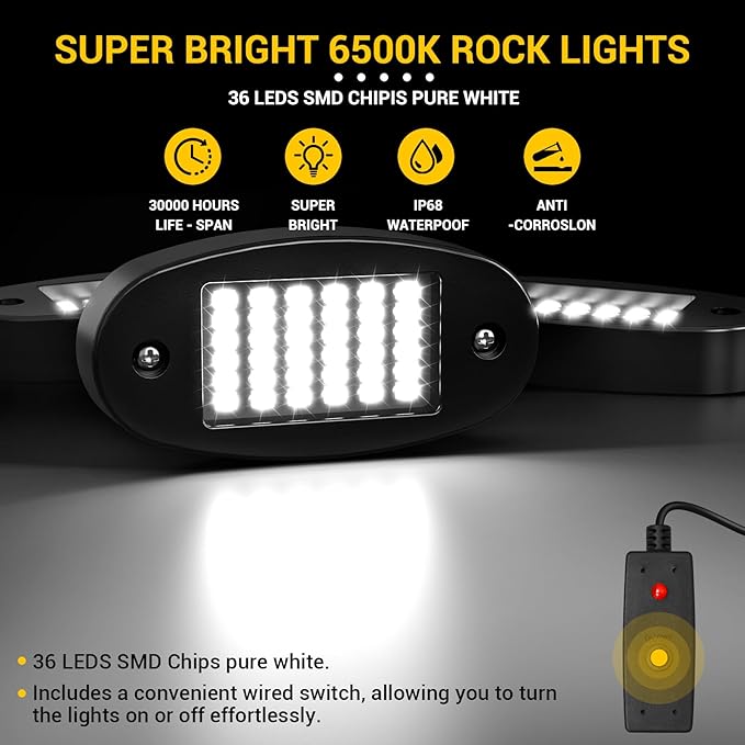 Hovano 20 Pods White Rock Light Kit with Wired Switch - 6500K Pure White LED Underglow, IP68 Waterproof, Super Bright 36 LEDs for Trailer Off Road SUV UTV ATV RZR Car