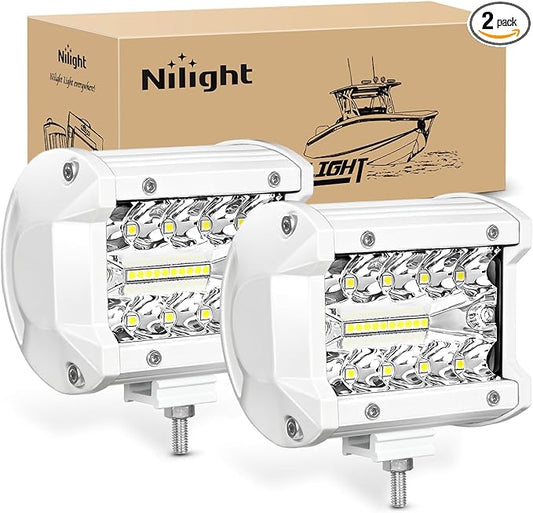 Nilight Marine LED Light Pods Navigation Lights 2PCS 4 Inch White Spot Flood Combo Ponton Boat Deck Dock Lighting for Night Fishing T-top Stern Yacht Port Sailboat Trucks Tractors