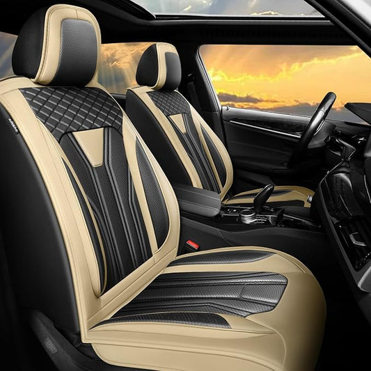 Fit Juke Car Seat Covers Compatible with Nissan Juke 2012-2015 2016 - Full Set Premium Leather， Waterproof Breathable， All-Weather Seat Cushion Protecto&Airbag Compatible （Beige & Black