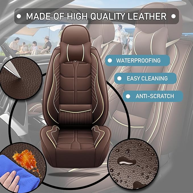 Leather Car Seat Covers Fit for Toyota Corolla Hatchback 2019-2024, 5 Seater Car Seat Cover, Premium Waterproof, Scratch Resistant Car Interior Accessories (Full Set with Pillow Coffee)