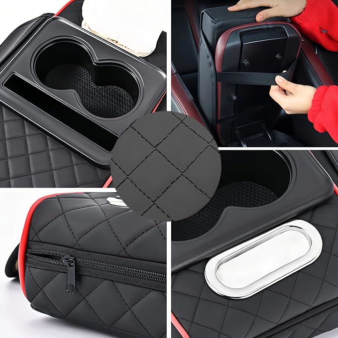 Multifunctional PU Leather Car Armrest Box Mat, 5-in-1 Multifunctional Car Armrest Cushion, Center Console Cover with 2 Cup Holder, For Storing Tissues,Phones,Wallets,Drinks,for Most Cars (Black-A)