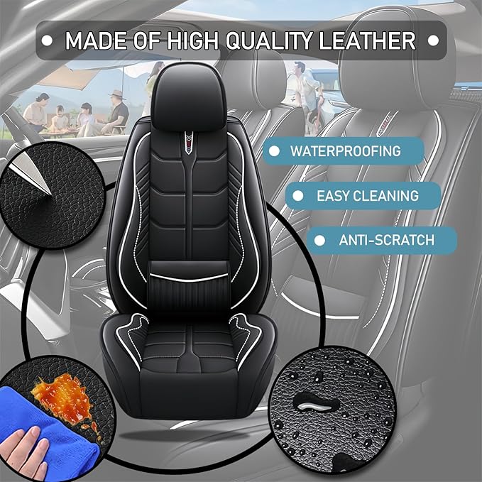 Leather Car Seat Covers Fit for Toyota Avalon Hybrid 2013-2024, 5 Seater Car Seat Cover, Premium Waterproof, Scratch Resistant Car Interior Accessories (Full Set Black White)