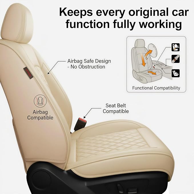 Santa Fe Seat Covers Custom Fit for Hyundai Santa Fe 2007-2026 (Only 5-Seat Version) - Full Set Premium Leather, Waterproof, All-Weather, Airbag Compatible, Car Seat Protectors (Beige)