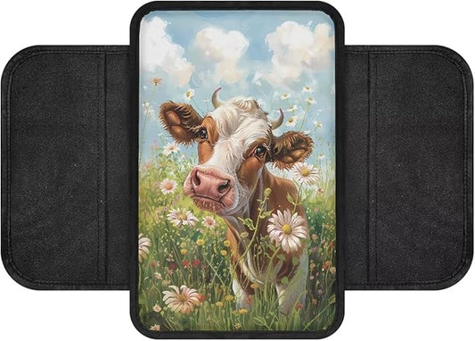 Cow Floral Grass Pattern Car Center Console Cover Anti-Slip Auto Box Cover Protector Lightweight Vehicle Armrest Cover Pad Universal Fit for Most Cars Sedan Truck SUV