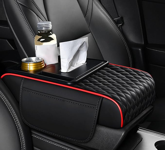 Car Armrest Center Console Cover for Ford Explorer 2000–2025, Center Console Pad with Cup Holder, Multifunctional Armrest Cushion,A Black+Red