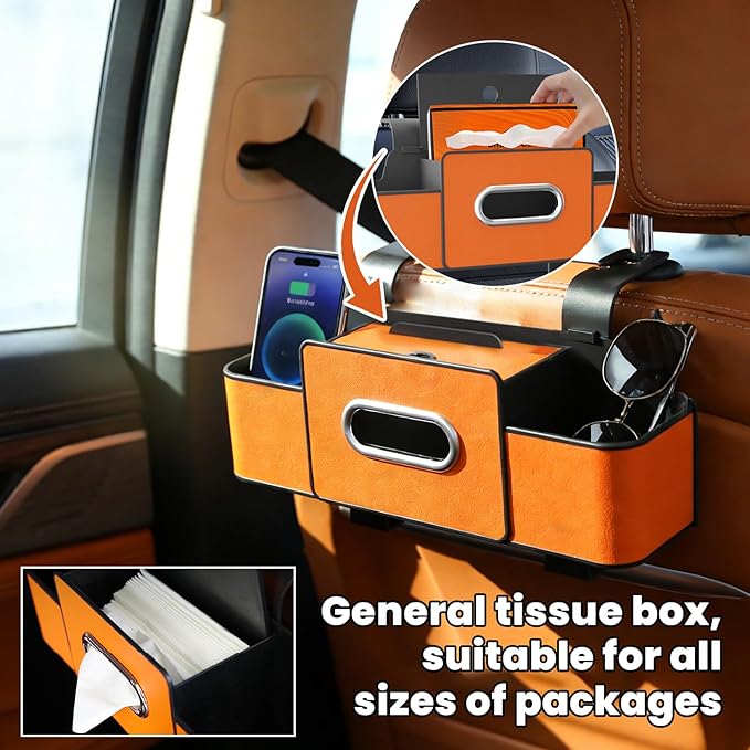 Multifunctional 3‑in‑1 Car Seat Back Storage Box Organizer with Cup Holders, Tissue Box Slot & Headrest Hooks – Backseat Car Organizer for Phones, Snacks, Drinks, Bags, Travel Storage (White)