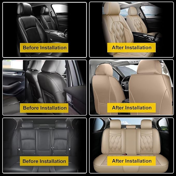 AOMSAZTO Car Seat Covers,Full Set 5 Seats Custom Fit for Ford Ranger 2019-2026(Not Fit for Raptor) Faux Leather Automotive Cushion Covers Seat Protector,Airbag Compatible Waterproof Beige