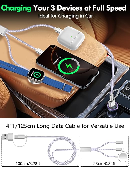 Travel Essentials for Apple Watch Charger,iPhone Charger,3 in 2 Type C/L/Magnetic Fast Charging Cable,Multi Charging Cable Portable Designed for iWatch Series,iPhone 17-11,Galaxy S26-S21,Car-4FT