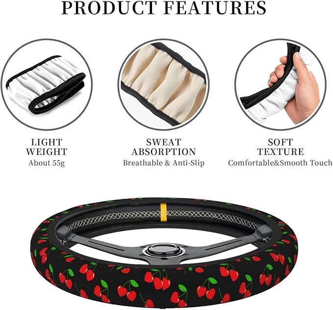 Red Hearts Cherry Steering Wheel Cover for Men Women Universal Car Accessories 15 Inch Neoprene Auto Interior Decor