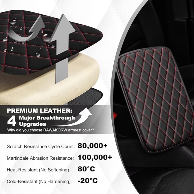 Upgraded Car Center Console Cover Fit for RAV4 Faux Leather Car Armrest Cover Cushion with 2 Storage Bags,Car Armrest Storage Box Interior Accessories(Black&Redline)