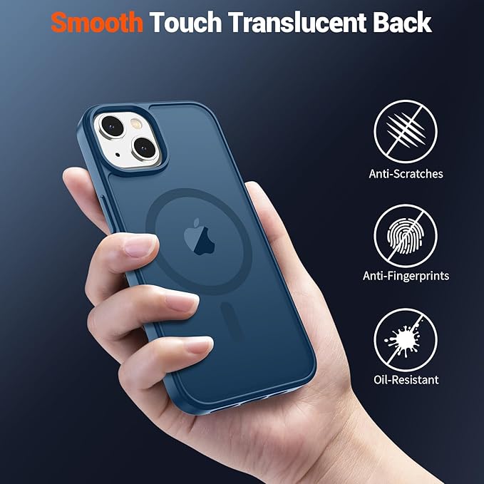 SUPFINE Magnetic for iPhone 14 Case & iPhone 13 Case with Screen Protector (Compatible with MagSafe) (Military Grade Drop Protection) Translucent Matte Shockproof Phone Cover,Deep Blue