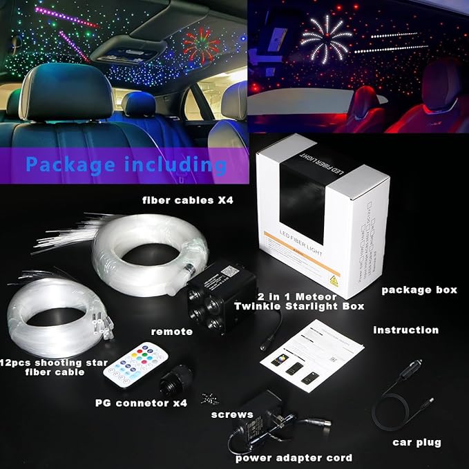AZIMOM 4Colors 2 in 1 Meteor Twinkle Fiber Optic Starlight Headliner Kits 1000pcs 0.03in13.1ft Fiber Strands,RGB Meteor Shooting Star 240pcs, Sound Remote APP Control Home Ceiling Car Headliner Decor