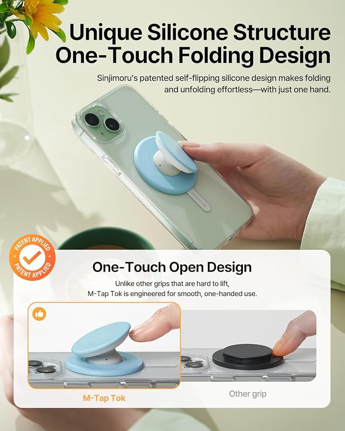 Sinjimoru for MagSafe Phone Grip, Soft Silicone Magnetic Finger Grip for iPhone 17/16/15/14/13, Comfortable One-Touch Holding, M-Tap Tok Blue
