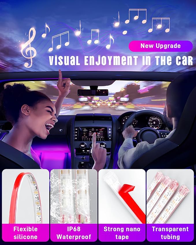 STONEBANKS 5.9FT Car LED Strip Lights, 72LEDs Smart RGB Car Interior Lights with APP & Remote Dual Control, Multicolor Music Sync and Mic Mode 4-in-1 Lines Design LED Lights for Car Decor