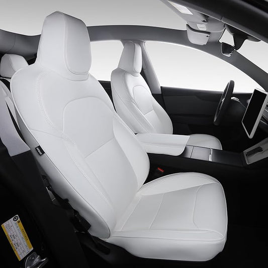 Custom Fit Seat Covers for 2025 2026 Tesla Model Y Juniper (5-Seater) - Ventilated Seats & Rear Screen Compatible - Nappa Leather Full Set Car Seat Protectors (White, Model Y 2025)